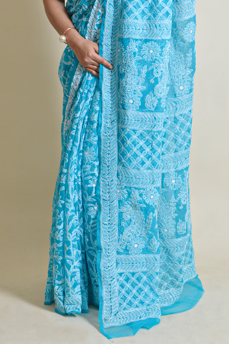 Fabnuma Handcrafted Turquoise Blue Georgette Chikankari Saree-Blouse - Fabnuma