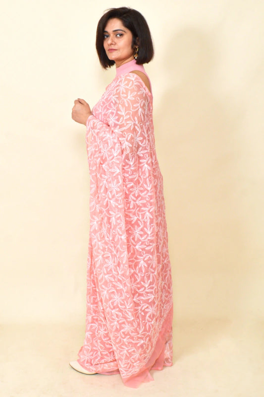 Fabnuma Handcrafted Peach Georgette Chikankari Tepchi Saree-Blouse - Fabnuma