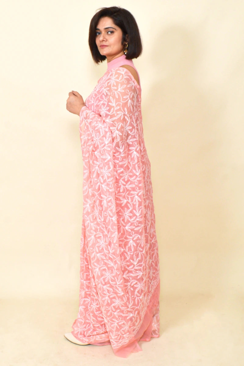 Fabnuma Handcrafted Peach Georgette Chikankari Tepchi Saree-Blouse - Fabnuma
