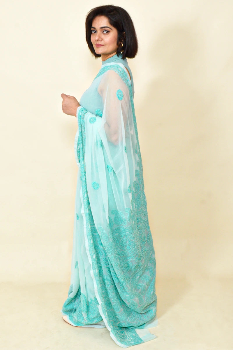 Fabnuma Handcrafted Aqua Green Georgette Chikankari Saree-Blouse - Fabnuma