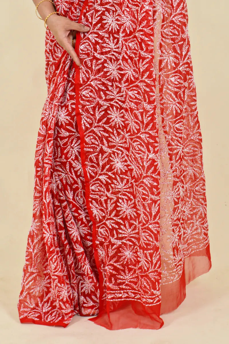 Fabnuma Handcrafted Red Georgette Chikankari Saree-Blouse - Fabnuma
