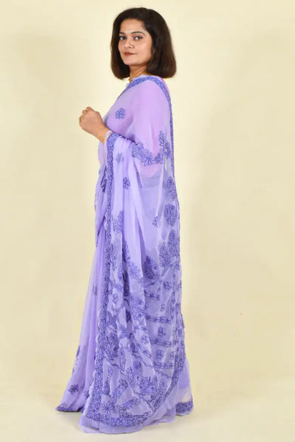 Fabnuma Handcrafted Lavender Georgette Chikankari Saree-Blouse - Fabnuma