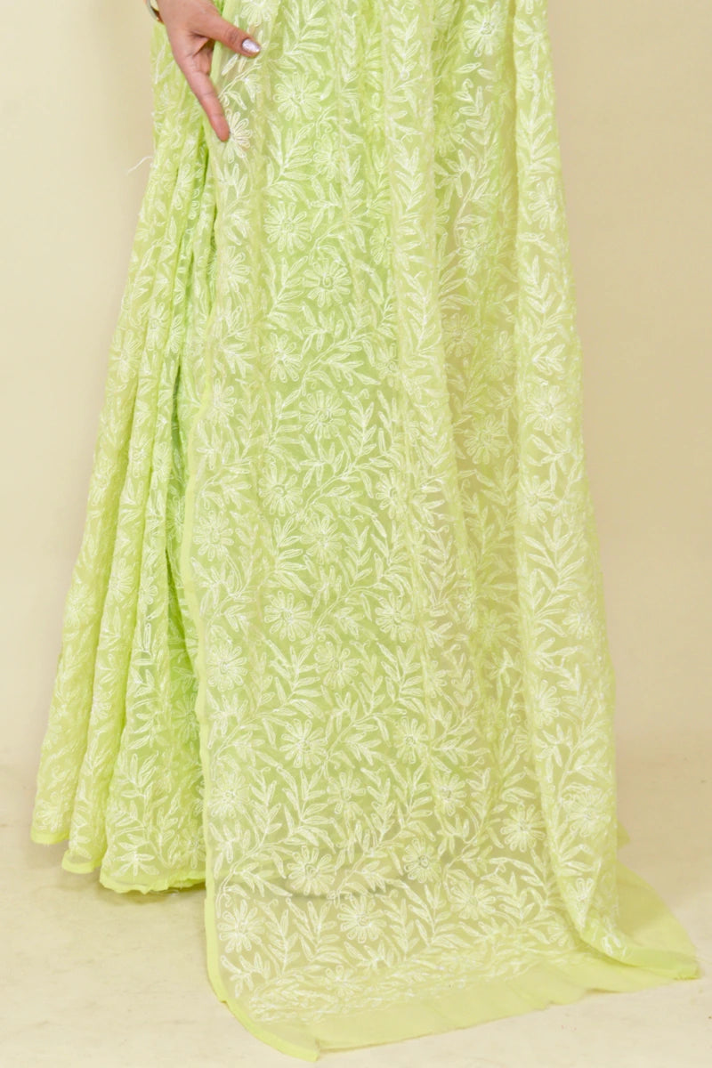 Fabnuma Handcrafted Green Georgette Tepchi Chikankari Saree-Blouse - Fabnuma