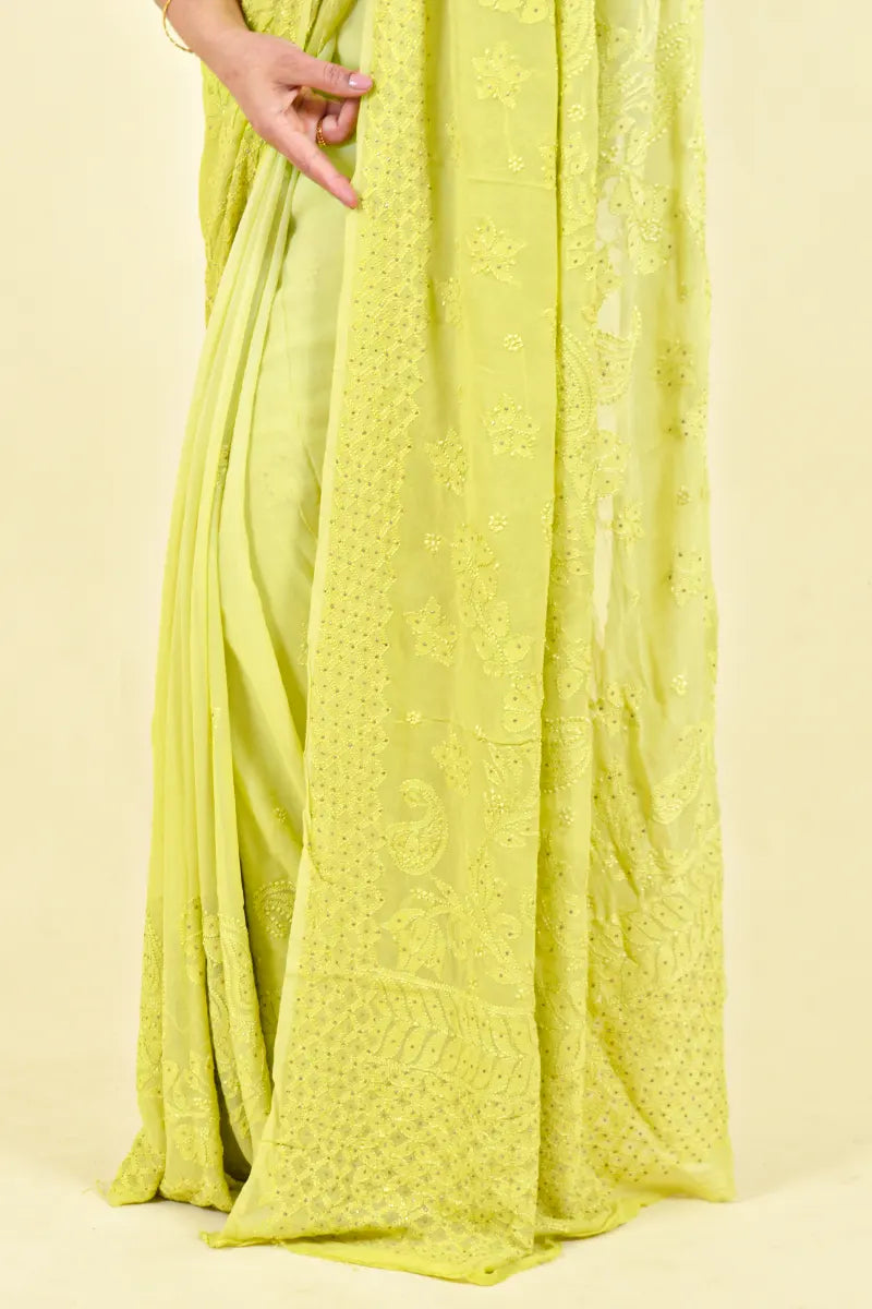 Fabnuma Handcrafted Green Viscose Chikankari Saree-Blouse - Fabnuma