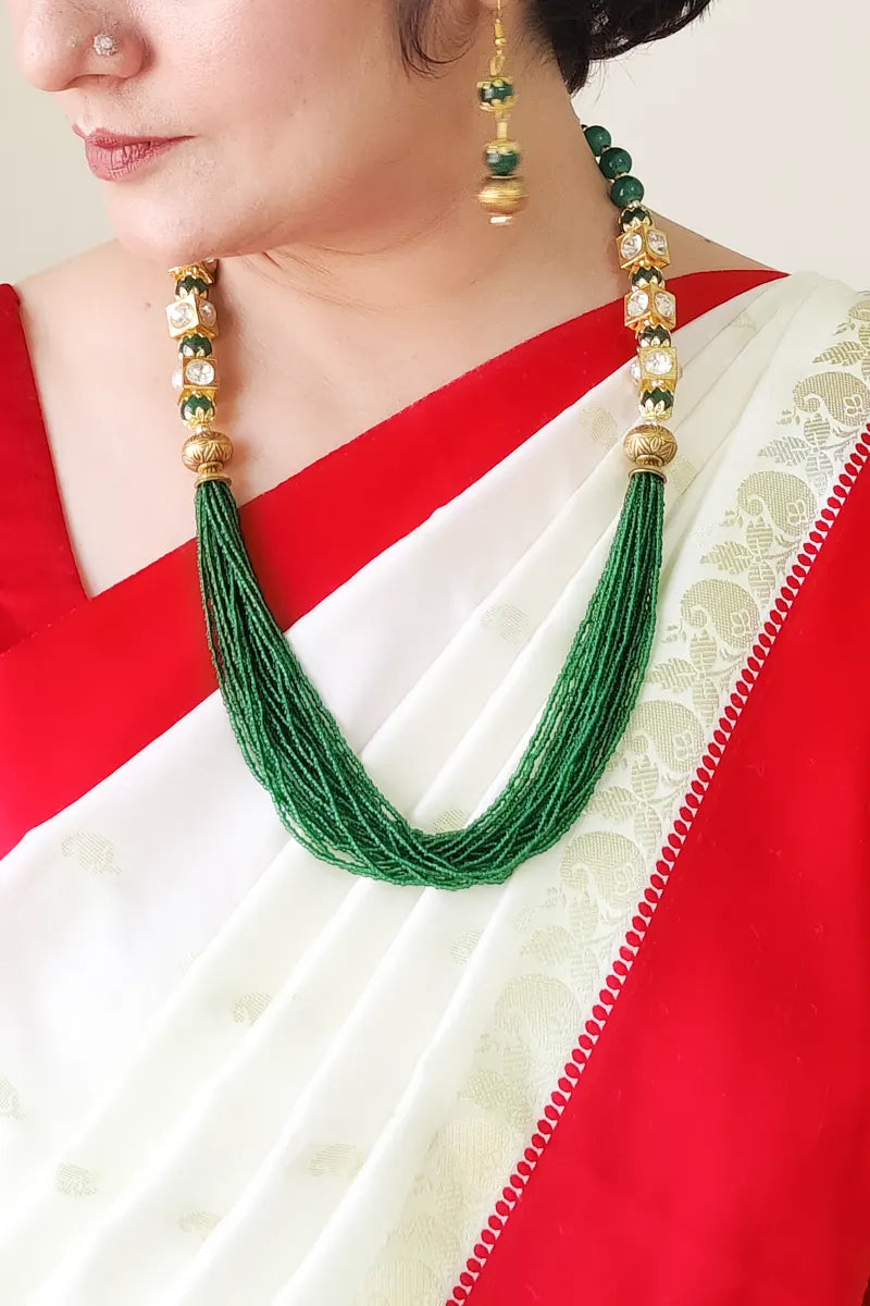 Fabnuma Handcrafted Green & Golden Beads Layer Neckpiece & Dangle Earrings - Fabnuma