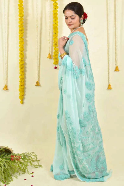 MeMaana Handcrafted Sea Green Georgette Chikankari Saree-Blouse MeMaana