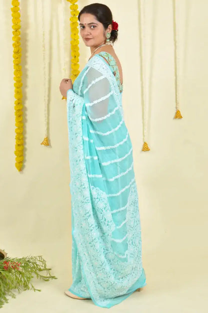 Fabnuma Handcrafted Sea Green Georgette Chikankari Saree-Blouse - Fabnuma