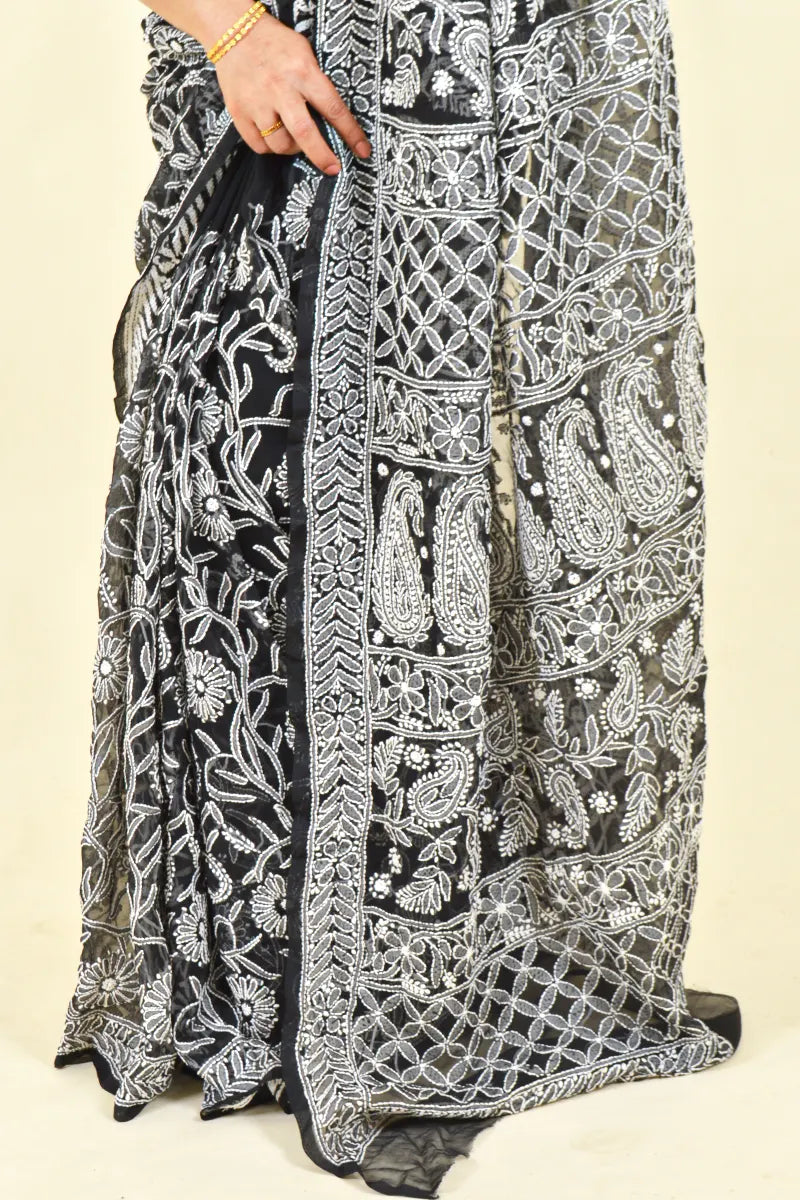 Fabnuma Handcrafted Black Georgette Chikankari Saree-Blouse - Fabnuma