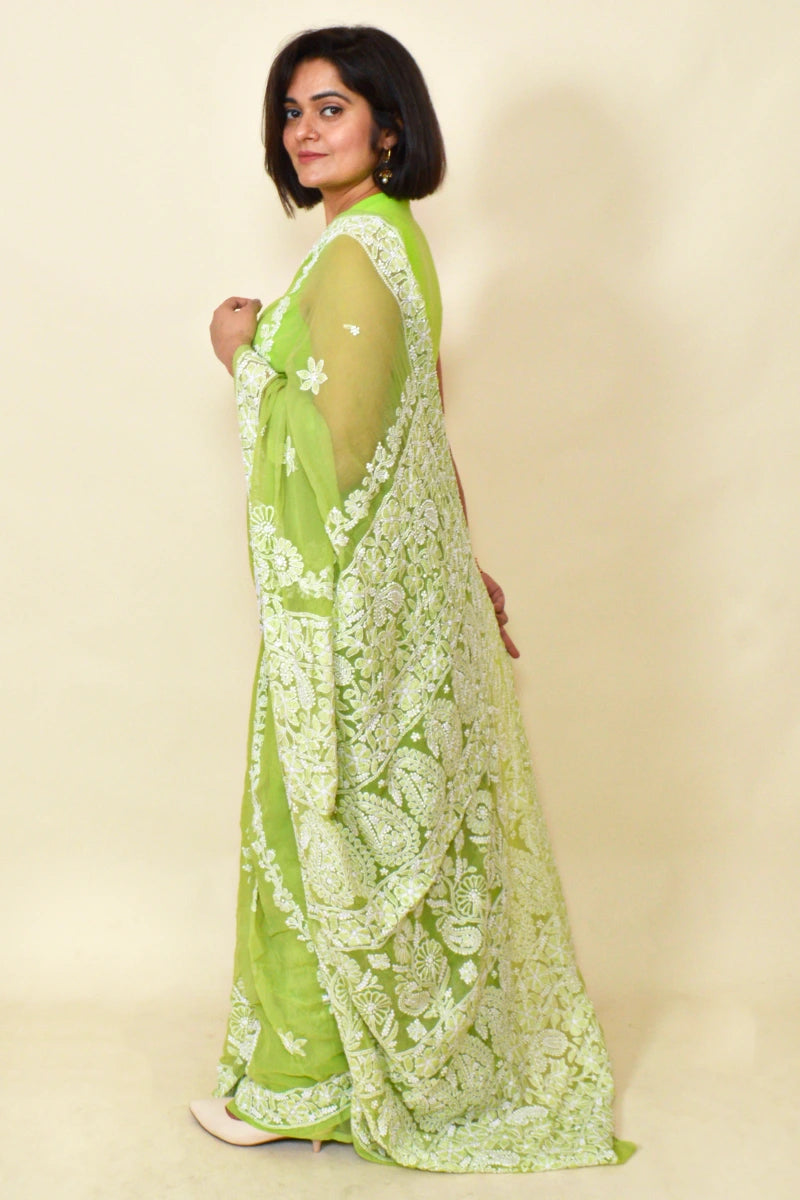 Fabnuma Handcrafted Green Georgette Chikankari Saree-Blouse - Fabnuma