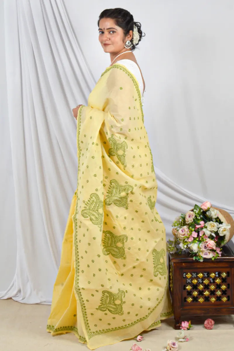 Handcrafted Yellow Cotton Saree with intricate Lucknowi Chikankari Embroidery and a matching Blouse, ideal for Festive and  occasions.