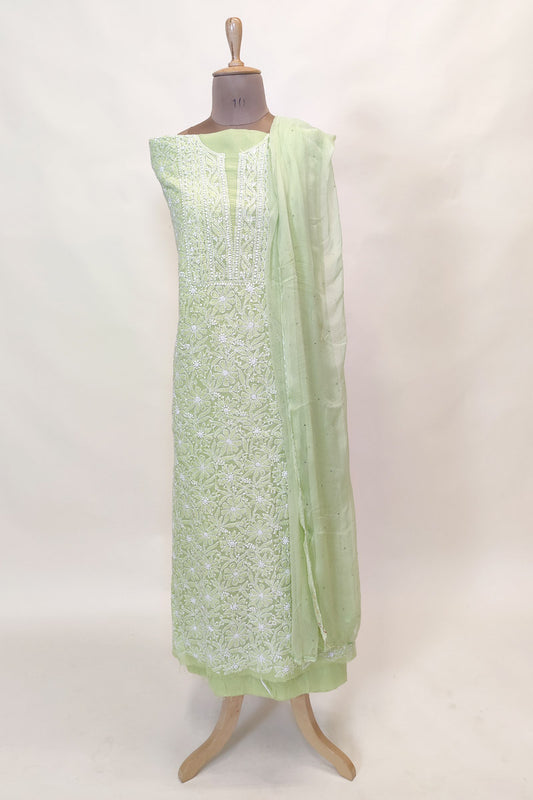 Fabnuma Handcrafted Green Cotton Chikankari 3Pcs Unstiched Suit Set - Fabnuma