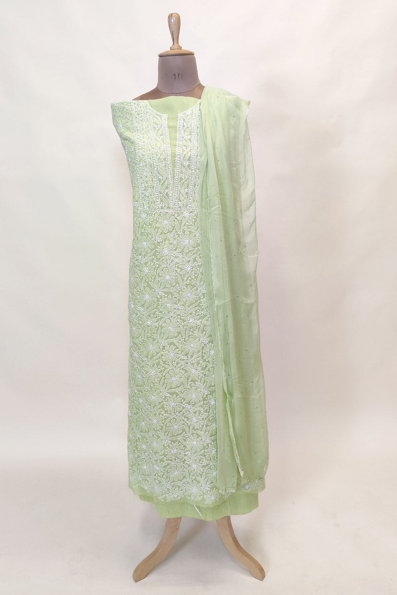 Fabnuma Handcrafted Green Cotton Chikankari 3Pcs Unstiched Suit Set - Fabnuma