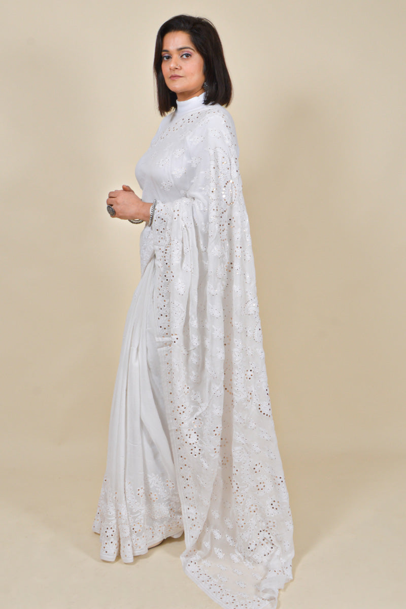 Fabnuma Handcrafted White Viscose Chikankari Saree-Mukesh Work - Fabnuma