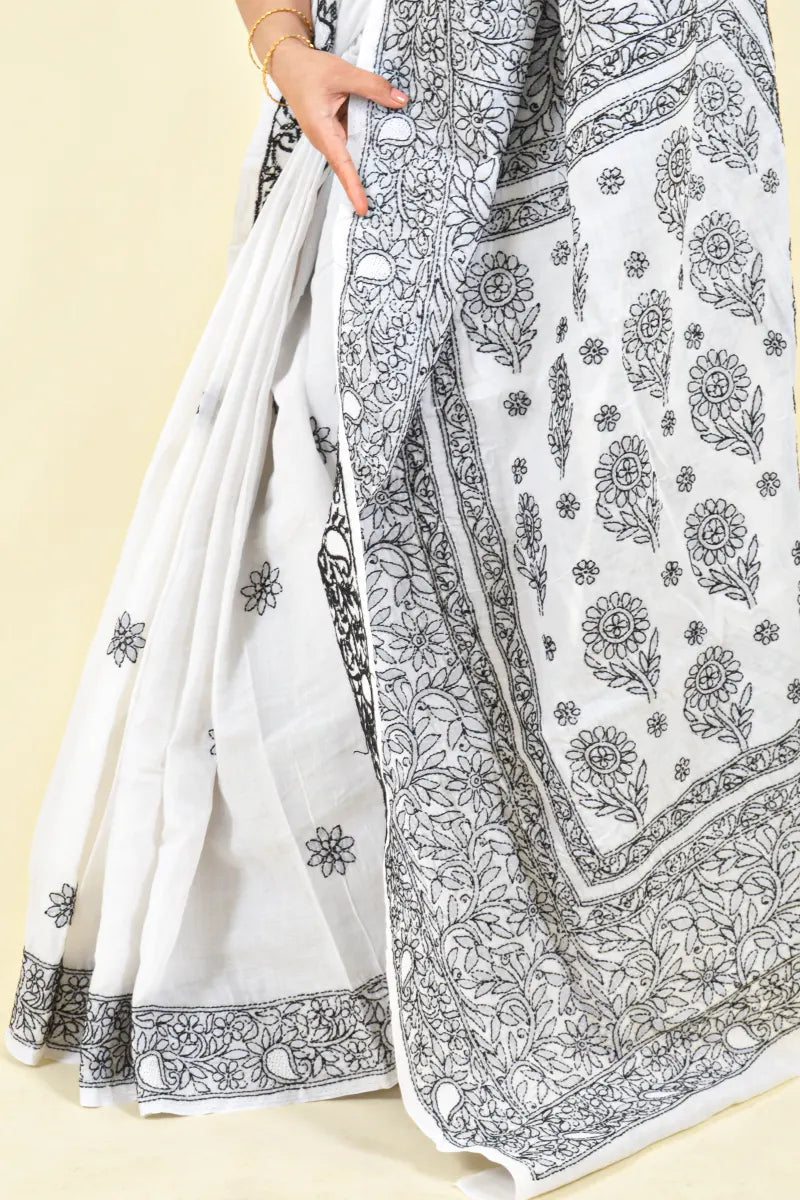 Fabnuma Handcrafted White Cotton Chikankari Saree-Blouse - Fabnuma