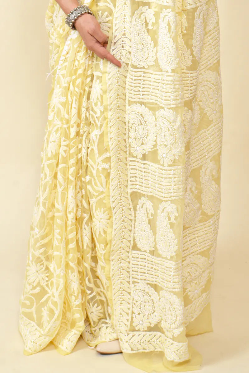 Fabnuma Handcrafted Fawn Georgette Chikankari Saree-Blouse - Fabnuma
