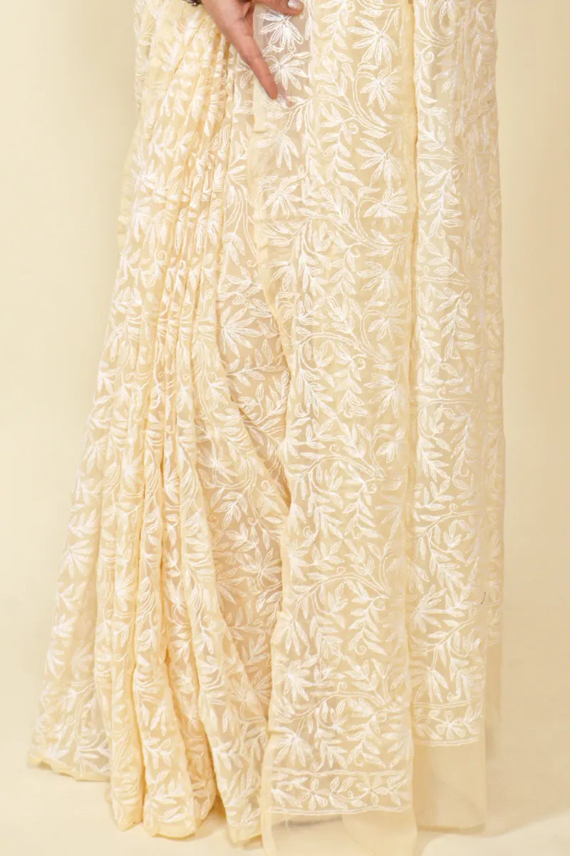 Fabnuma Handcrafted Fawn Georgette Tepchi Chikankari Saree-Blouse - Fabnuma