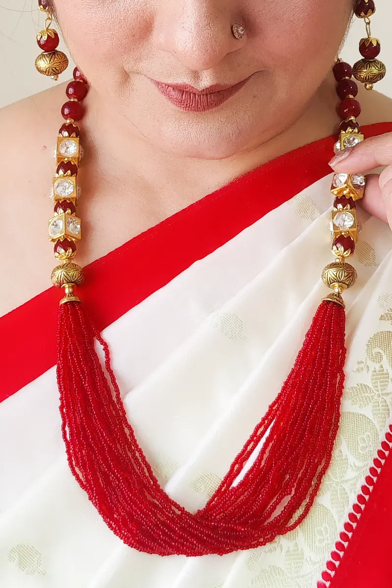 Fabnuma Handcrafted Red & Golden Beads Layer Neckpiece & Dangle Earrings - Fabnuma