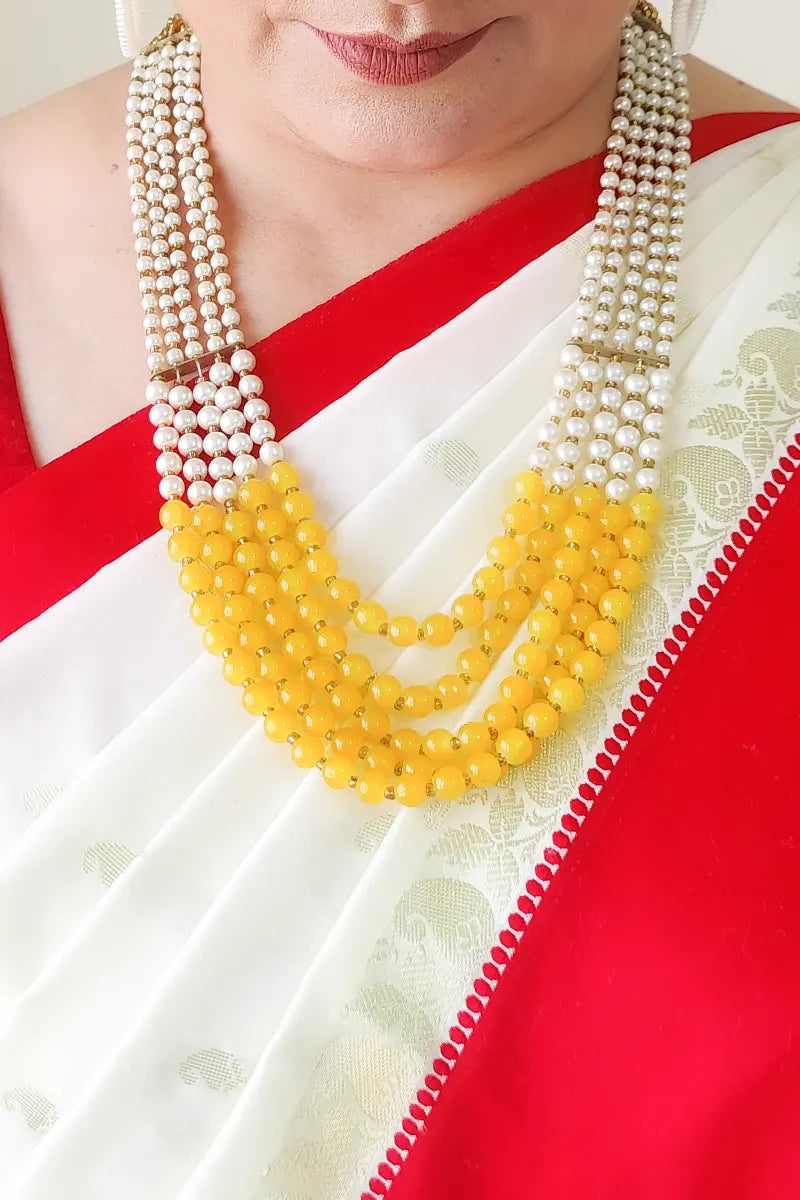 Fabnuma Handcrafted Yellow & White Layer Necklace & Dangle Earrings - Fabnuma