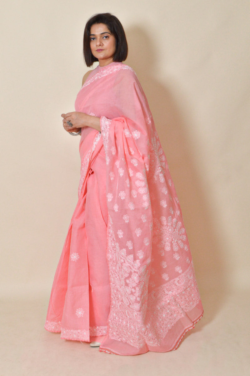 Fabnuma Handcrafted Peach Chikankari Cotton Saree-Blouse - Fabnuma