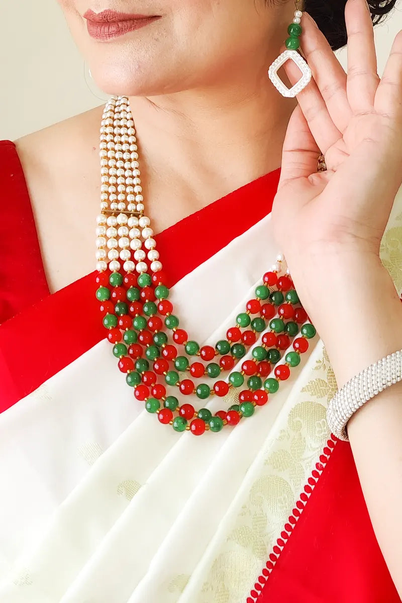 Fabnuma Handcrafted White-Red Green Pearl Layer Neckpiece-Dangle Earrings - Fabnuma
