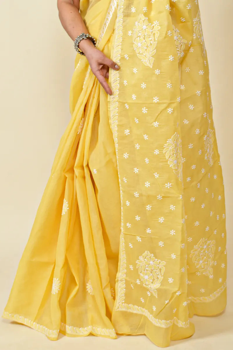 Fabnuma Handcrafted Yellow Cotton Chikankari Saree-Blouse - Fabnuma