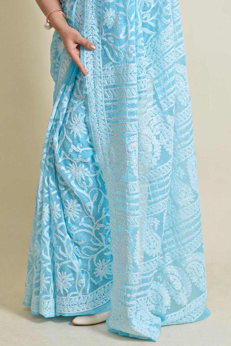 Fabnuma Handcrafted Sky Blue Georgette Chikankari Saree-Blouse - Fabnuma