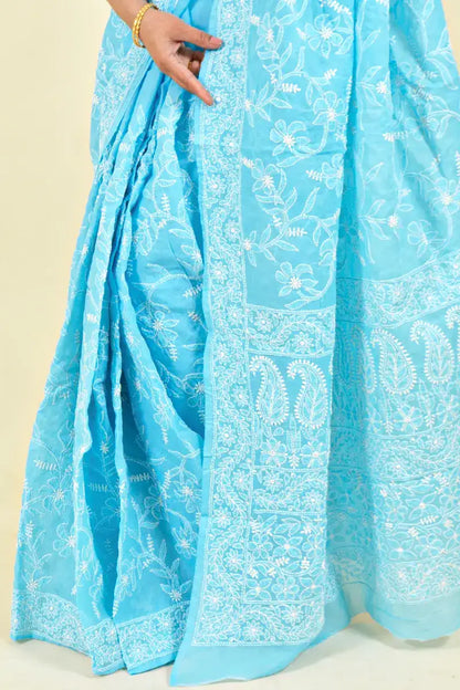 Fabnuma Handcrafted Sky Blue Cotton Chikankari Saree-Blouse - Fabnuma