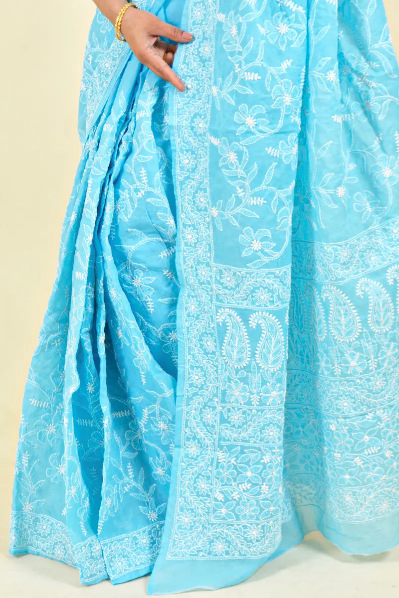 Fabnuma Handcrafted Sky Blue Cotton Chikankari Saree-Blouse - Fabnuma