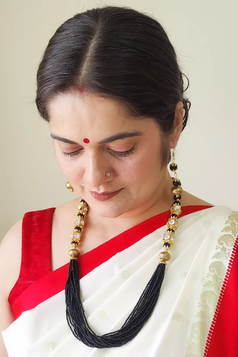 Fabnuma Handcrafted Black & Golden Beads Layer Neckpiece & Dangle Earrings - Fabnuma