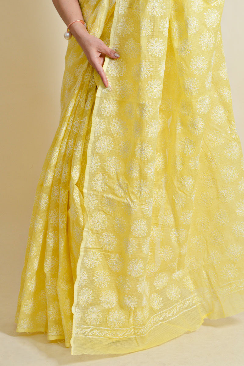 Fabnuma Handcrafted Lemon Kota Cotton Chikankari Tepchi Saree-Blouse - Fabnuma