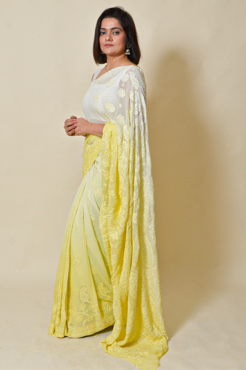 Fabnuma Handcrafted Shaded Lemon Viscose Chikankari Saree-Mukesh Work - Fabnuma