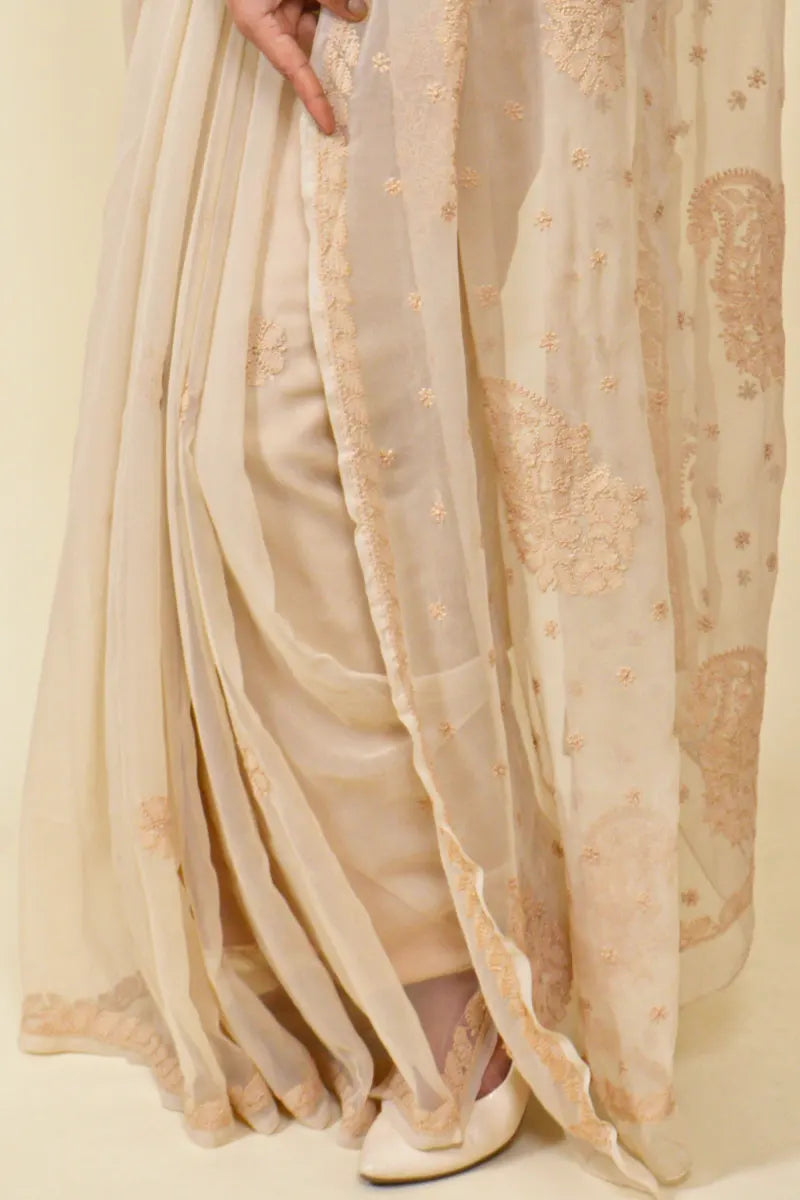 Fabnuma Handcrafted Beige Georgette Chikankari Saree-Blouse - Fabnuma