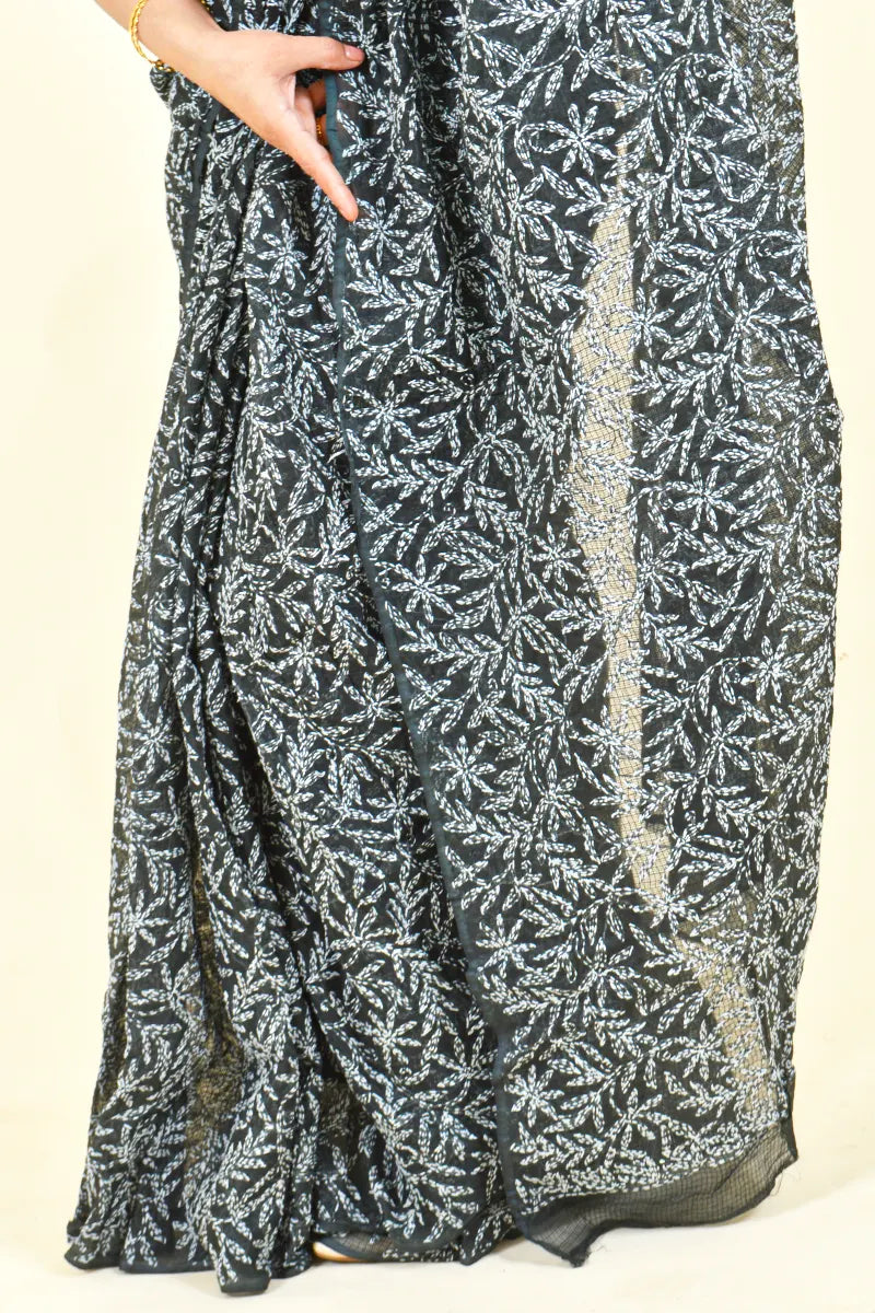 Fabnuma Handcrafted Black Kota Cotton Chikankari Saree-Blouse - Fabnuma