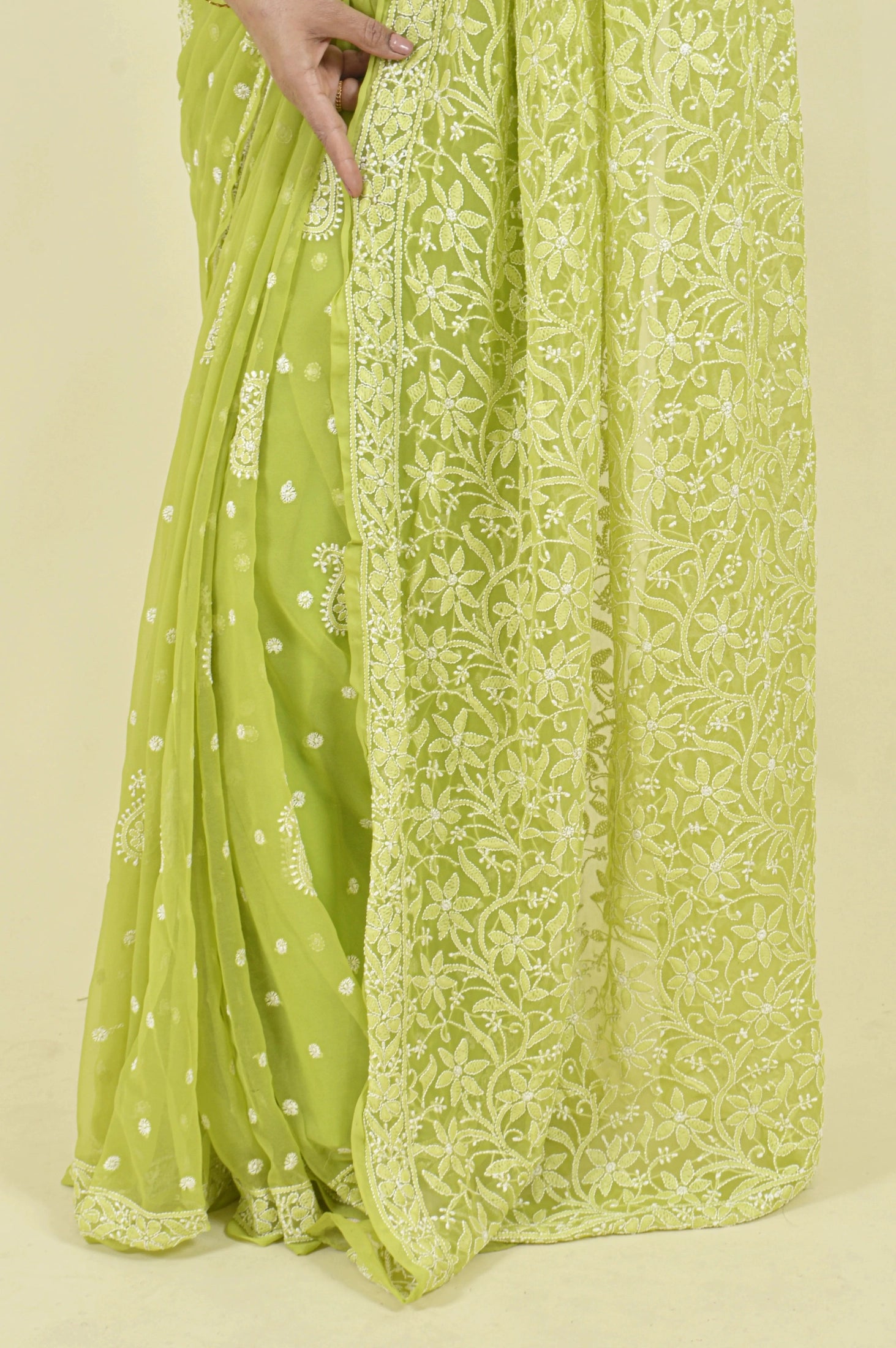 Fabnuma Handcrafted Green Georgette Chikankari Saree-Blouse - Fabnuma