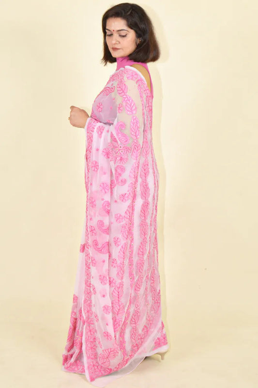 Fabnuma Handcrafted Pink Georgette With Mukaish Work Chikankari Saree-Blouse Fabnuma
