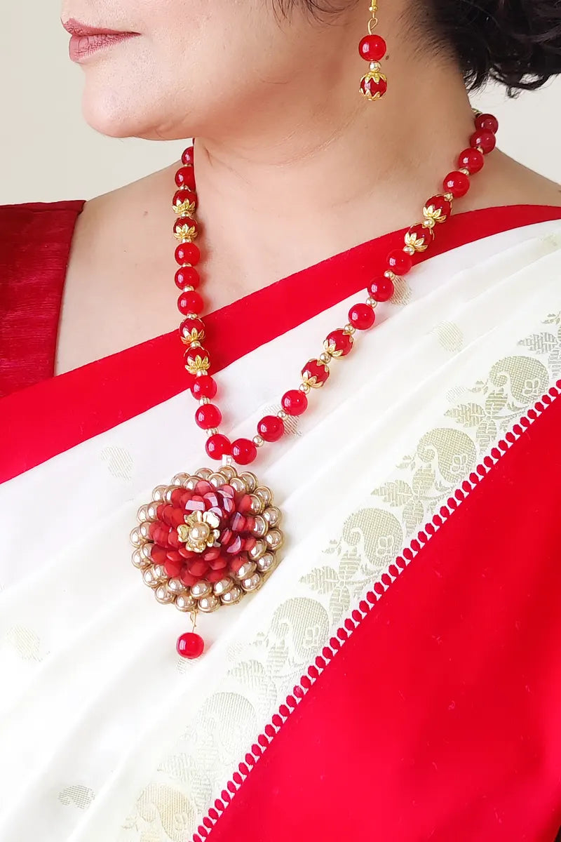 Fabnuma Handcrafted Red Glass Beads Neckpiece Ston Plated Pendant & Dangle Earrings - Fabnuma