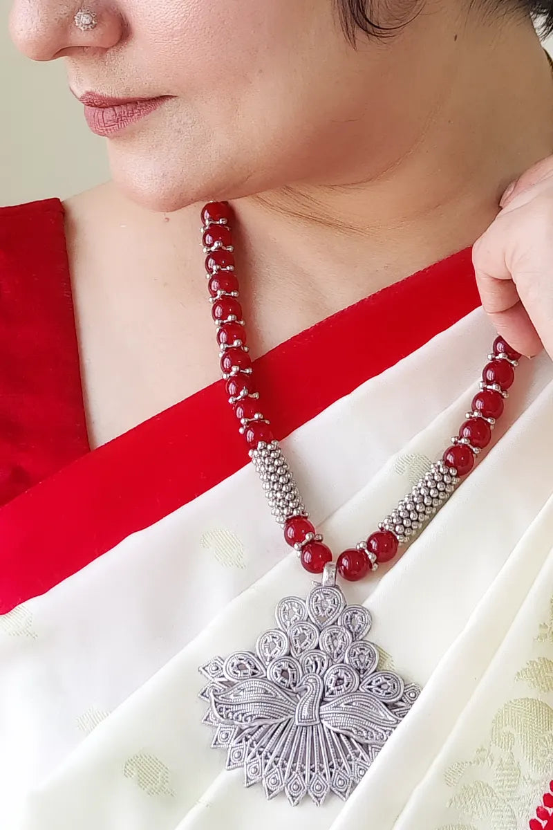 Fabnuma Handcrafted Red Beaded Neckpiece Oxidize Plated Pendant - Fabnuma