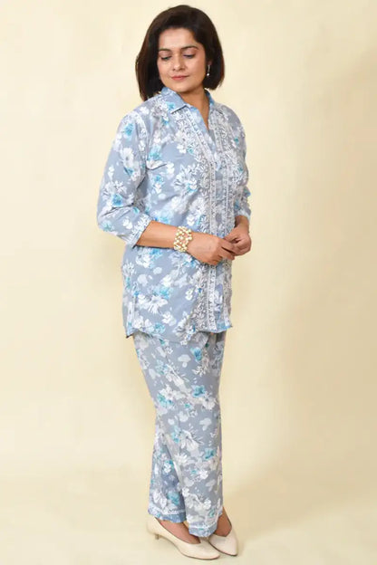 Fabnuma Handcrafted Grey Chikankari Rayon Cord Set - Fabnuma