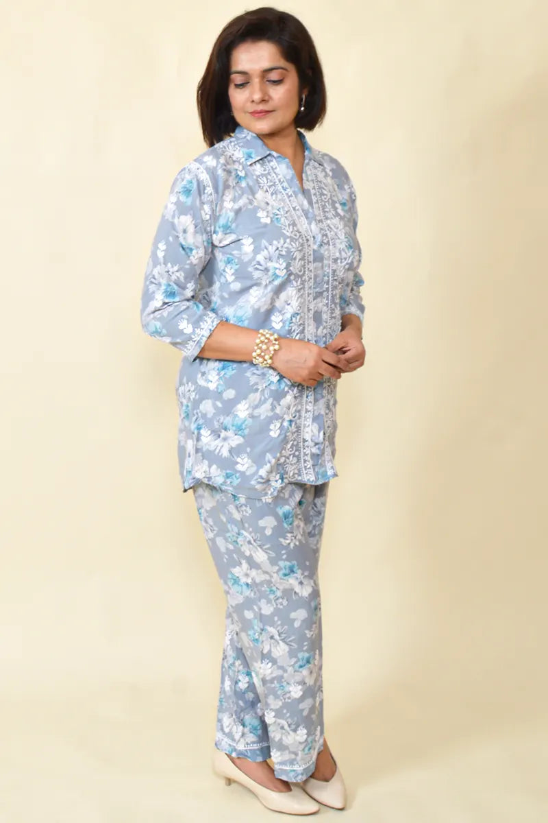 Fabnuma Handcrafted Grey Chikankari Rayon Cord Set - Fabnuma