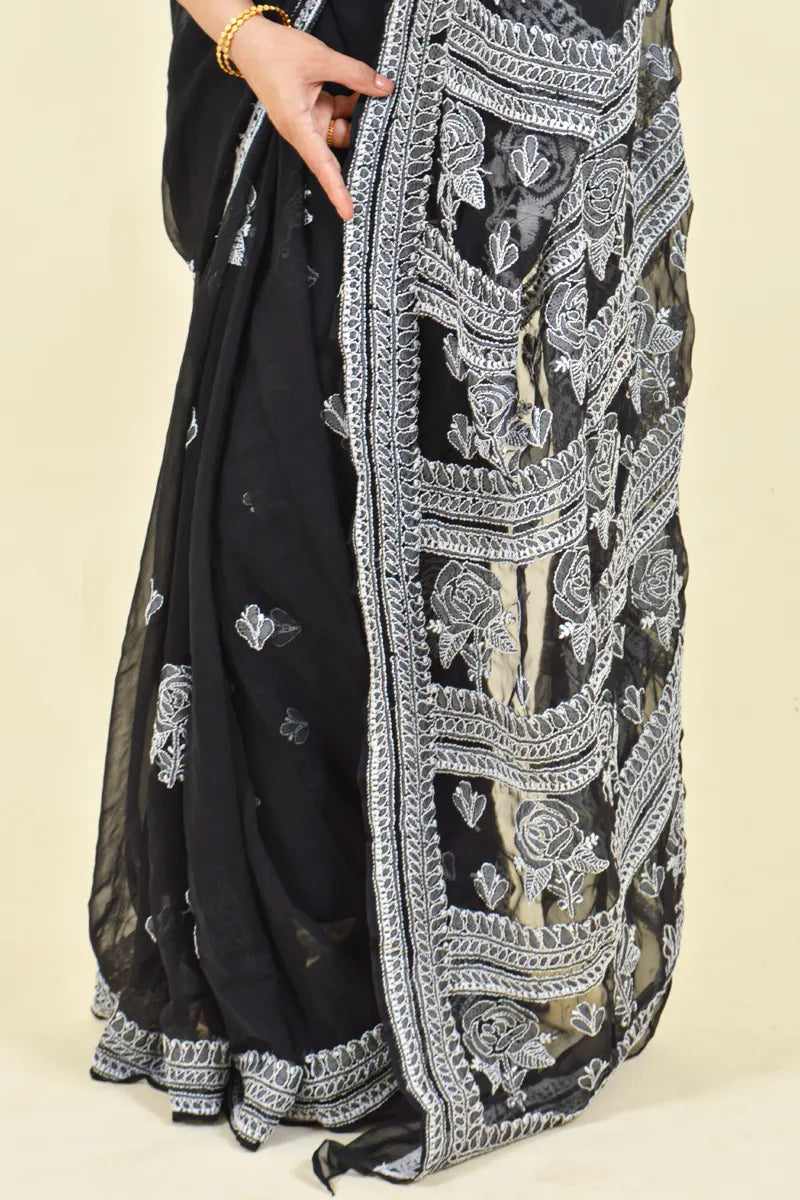 Fabnuma Handcrafted Black Georgette Chikankari Saree-Blouse - Fabnuma