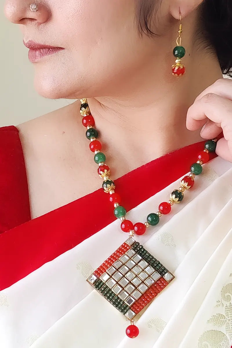 Fabnuma Handcrafted Red & Green Beaded Neckpiece Stone Plated Pendant & Dangle Earrings - Fabnuma