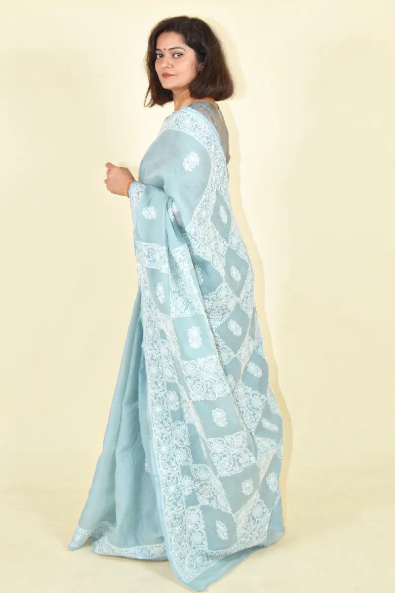 Fabnuma Handcrafted Gray Cotton Chikankari Saree-Blouse - Fabnuma