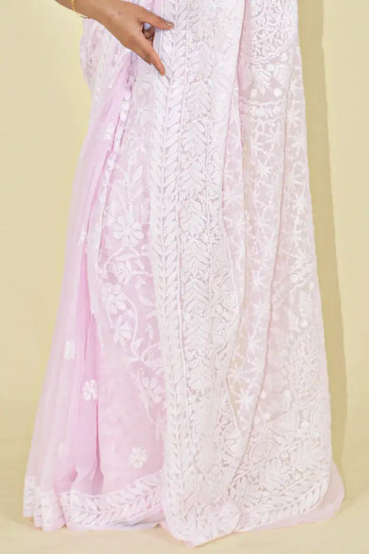 Fabnuma Handcrafted Pink Georgette Chikankari Saree-Blouse - Fabnuma
