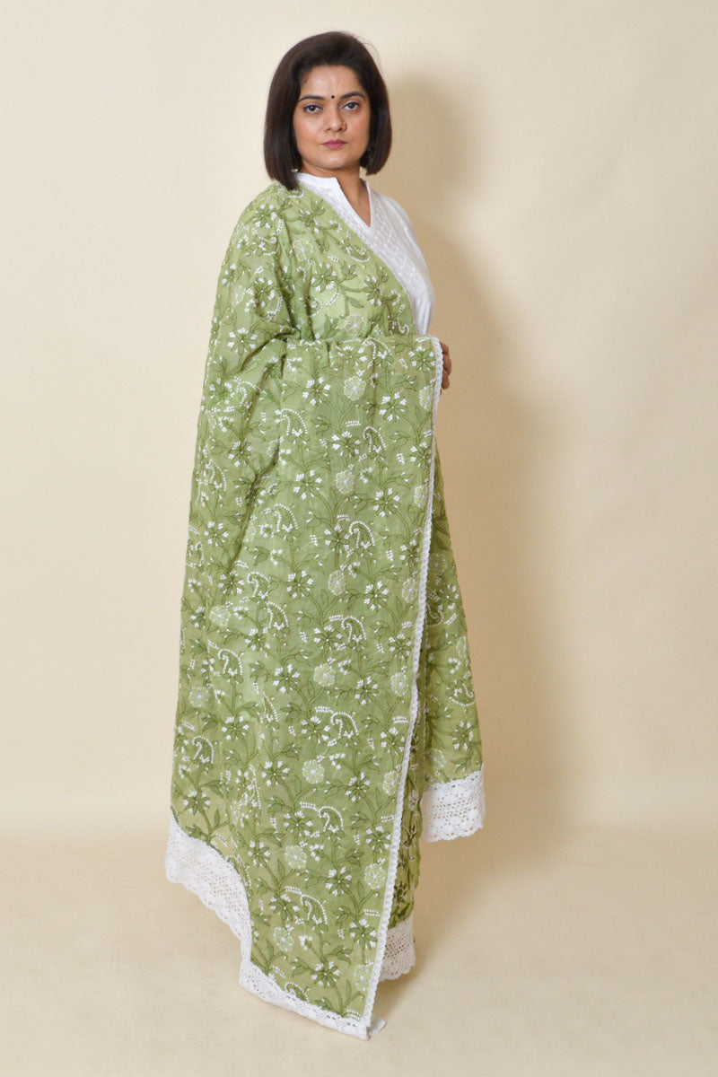 Fabnuma Handcrafted Green Cotton Allover Chikankari Dupatta - Fabnuma