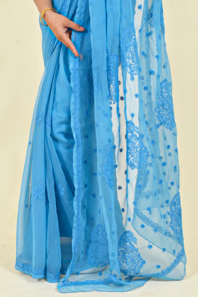 Fabnuma Handcrafted Turquoise Blue Georgette Chikankari Saree-Blouse - Fabnuma