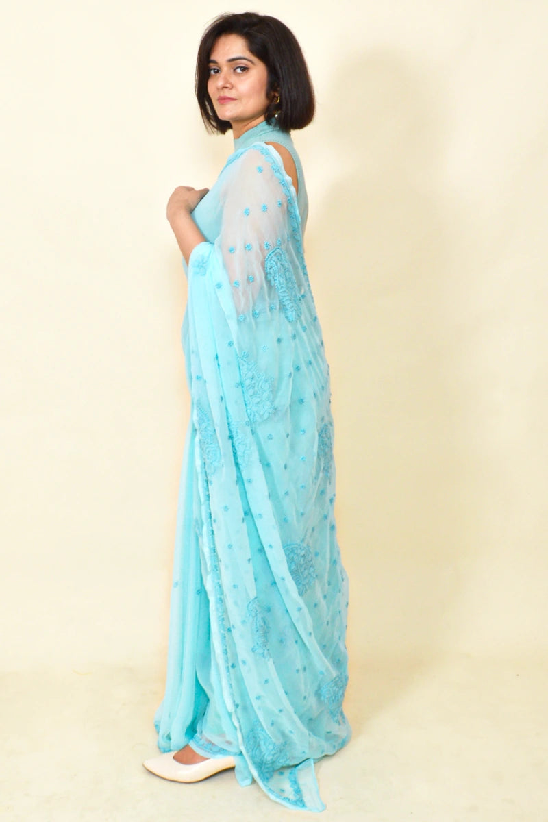 Fabnuma Handcrafted Sky Blue Georgette Chikankari Saree-Blouse - Fabnuma