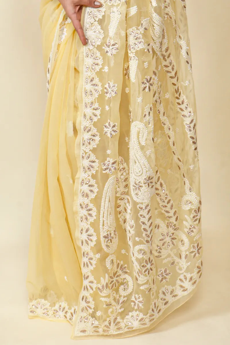 Fabnuma Handcrafted Fawn Georgette Gota Patti Chikankari Gota Patti Work Saree-Blouse - Fabnuma