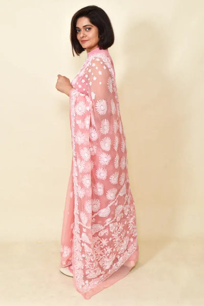 Fabnuma Handcrafted Peach Georgette Chikankari Saree-Blouse - Fabnuma