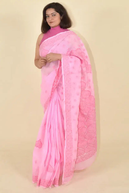 Fabnuma Handcrafted Pink Cotton Chikankari Saree-Blouse - Fabnuma