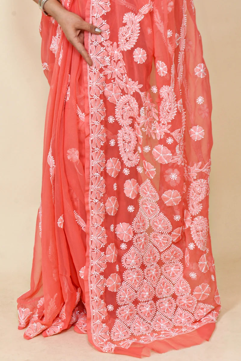 Fabnuma Handcrafted Carrot Red Georgette Chikankari Saree-Blouse - Fabnuma